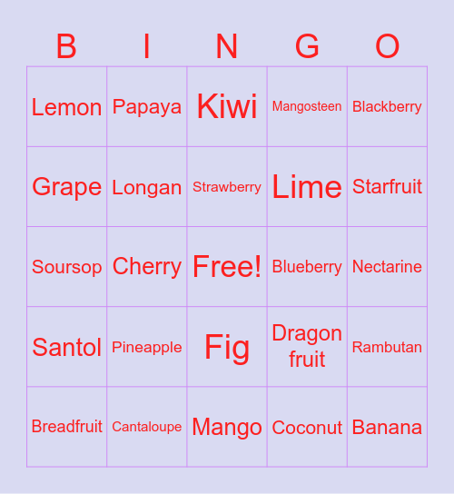 Bingo ผลไม้ Bingo Card
