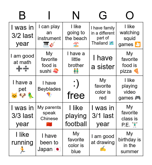 Classmate BINGO Card