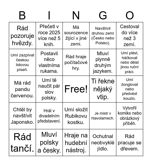Najdi někoho, kdo: Bingo Card