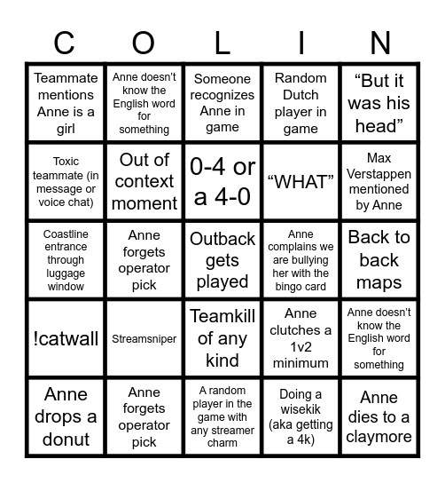 Anne's Bingo stream Bingo Card