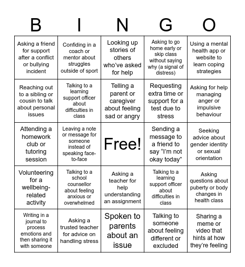 Help Seeking Bingo Card