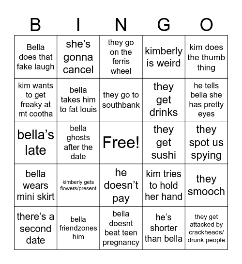 bella’s first date with kimberly Bingo Card