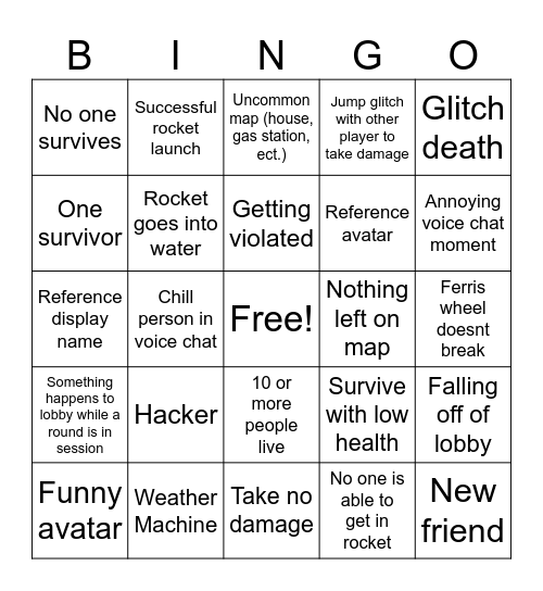 Natural Disaster Survival Bingo Card