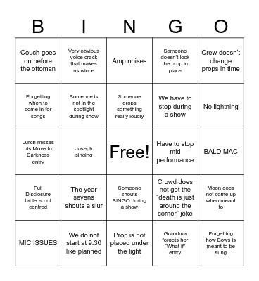 Combined School Musical Bingo Card