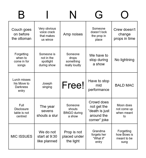 Combined School Musical Bingo Card