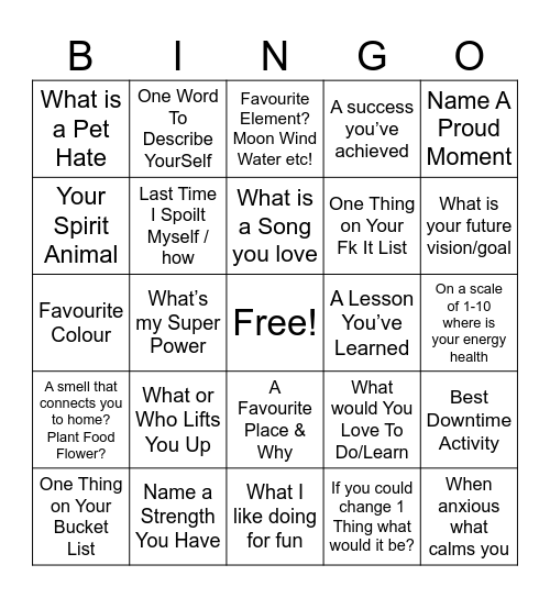 Mindfulness Bingo Card