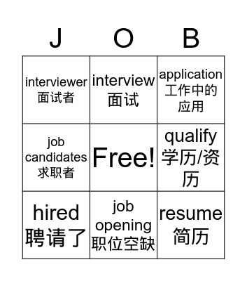 Job Vocabulary 1 Bingo Card