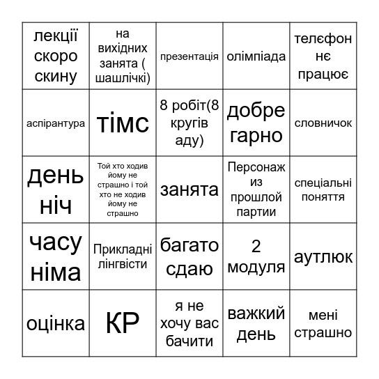 Бинго создания персонажа Bingo Card