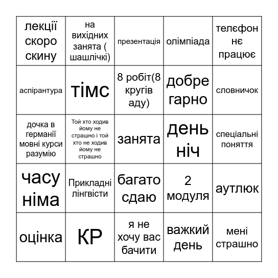 Бинго создания персонажа Bingo Card