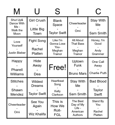Pop Music Bingo Card