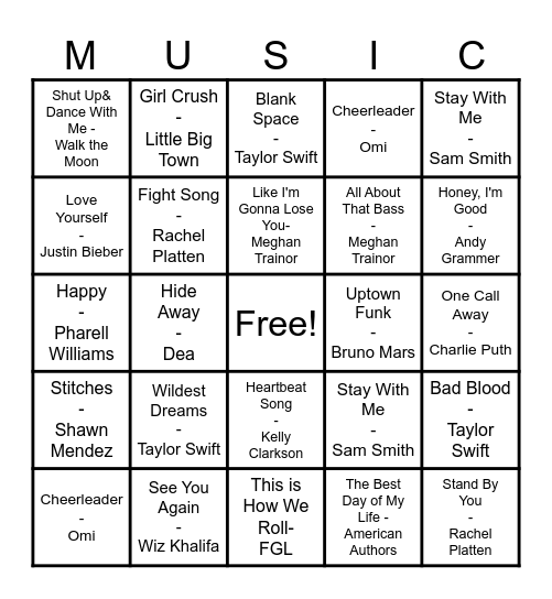 Pop Music Bingo Card