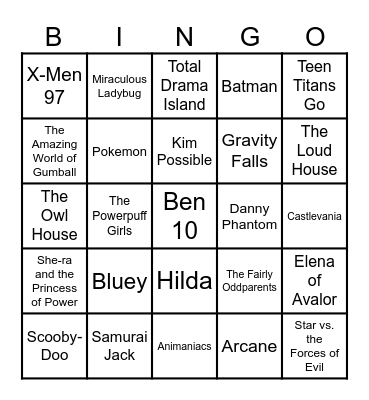 Cartoon Shows Bingo Card