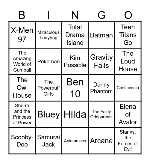 Cartoon Shows Bingo Card