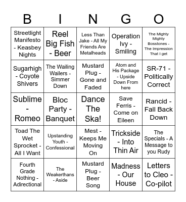 Obscure Ska/alt Rock Music Bingo Card