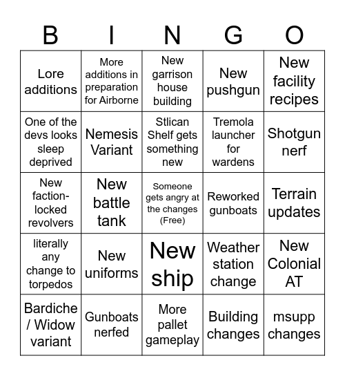 foxhole update 61 Bingo Card