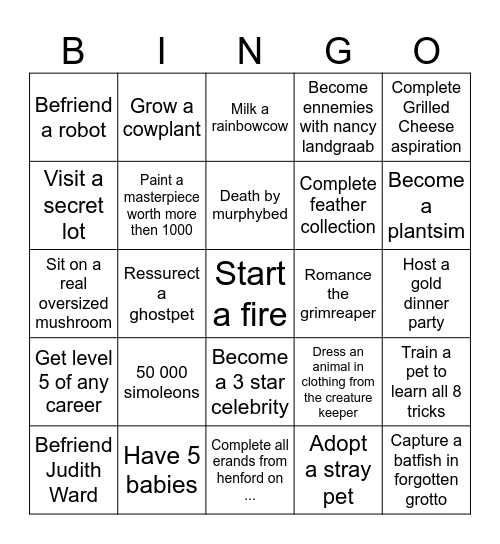Sims 4 bingo Card