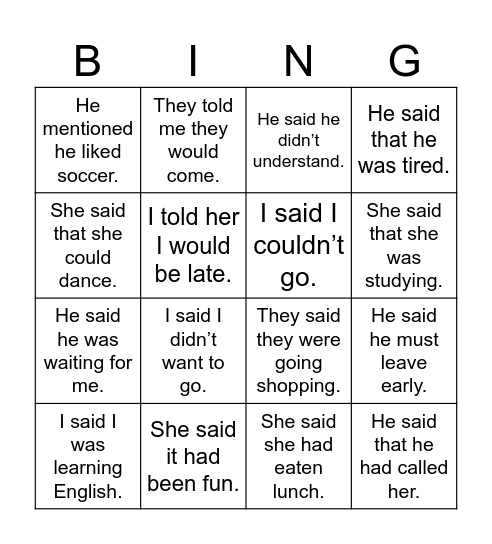 Reported Speech Bingo Card