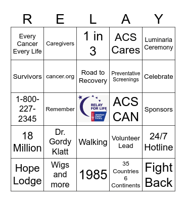 Relay For Life Bingo Card