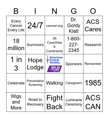 Relay For Life Bingo Card