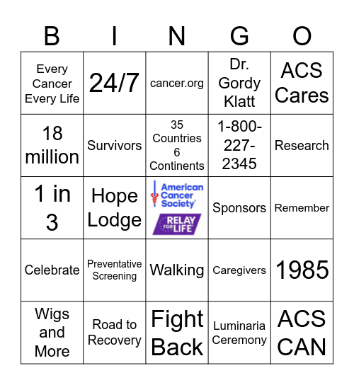 Relay For Life Bingo Card