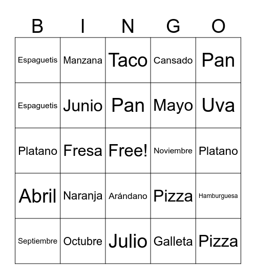 Spanish BINGO Card
