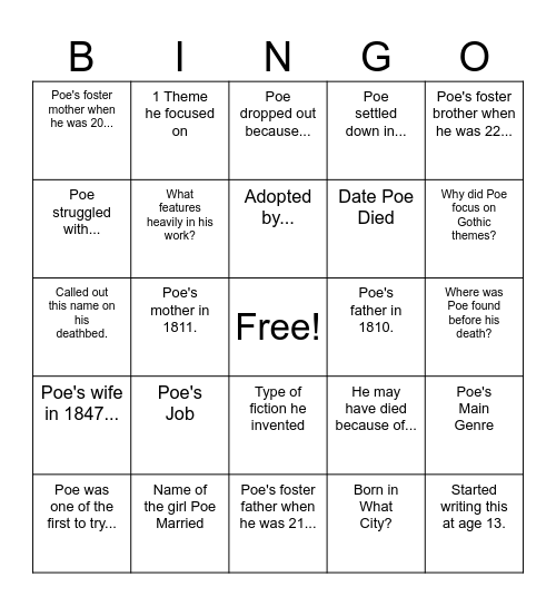 Poe Notes Bingo Card