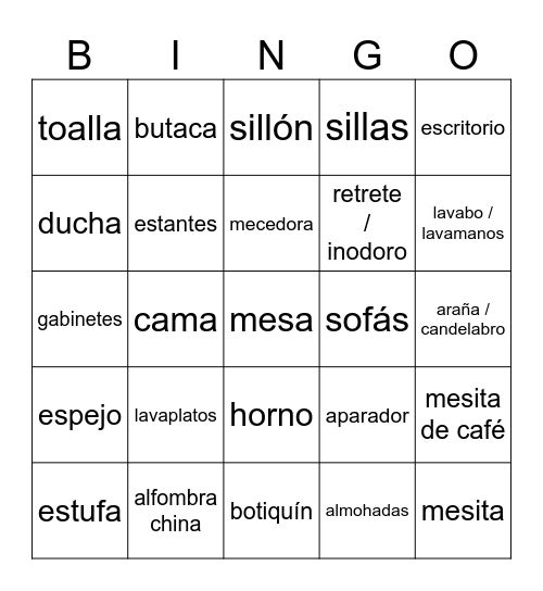 MINI-BINGO (DAY 1-3): Preposiciones y muebles Bingo Card