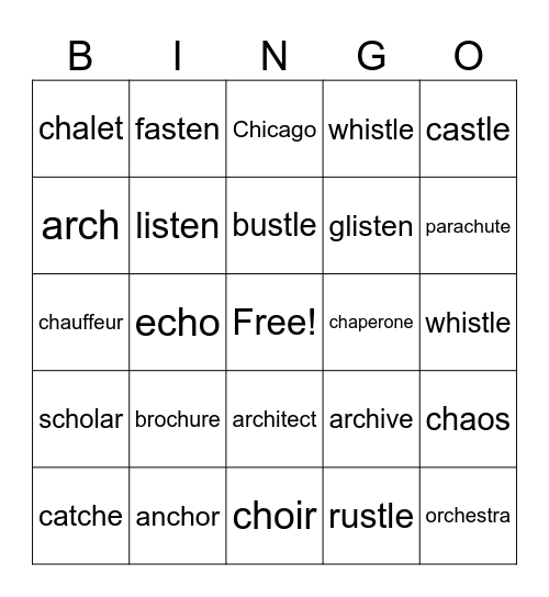 Alternate ch, gn, gh, silent t Bingo Card