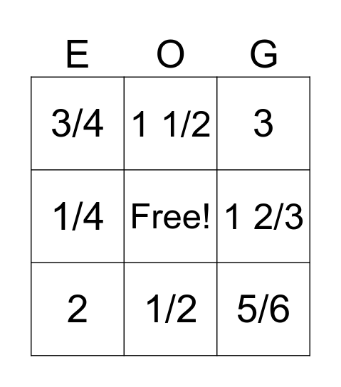 Fraction BINGO Card