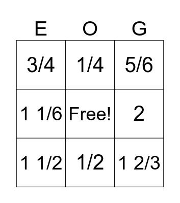Fraction BINGO Card