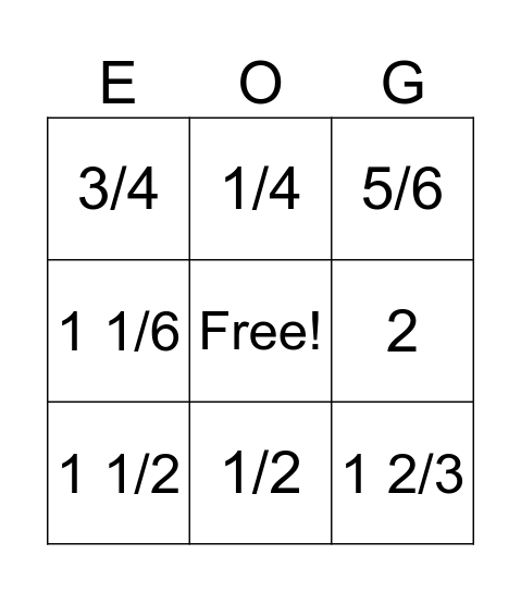 Fraction BINGO Card