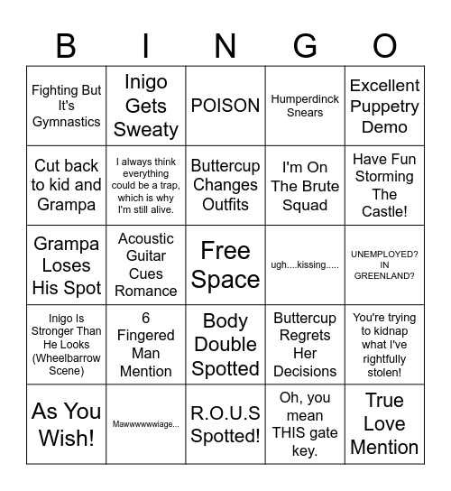 Princess Bride Bingo Card