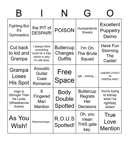 Princess Bride Bingo Card