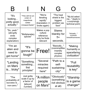 Elon Musk Mars Talk Bingo Card
