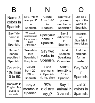 Español - Repaso Bingo Card