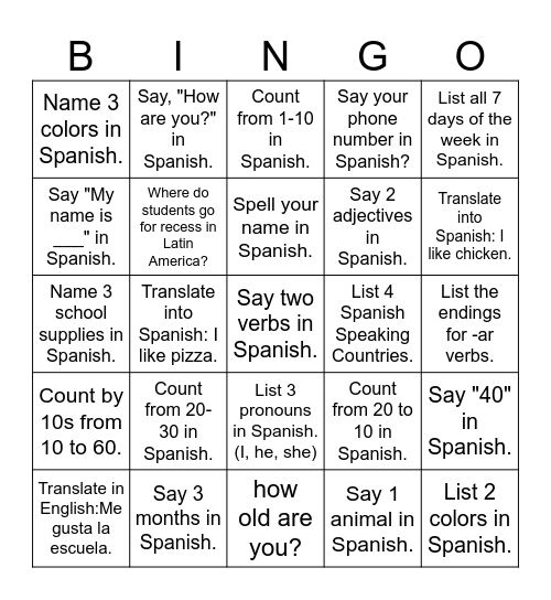 Español - Repaso Bingo Card