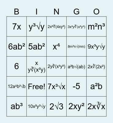 math bingo Card