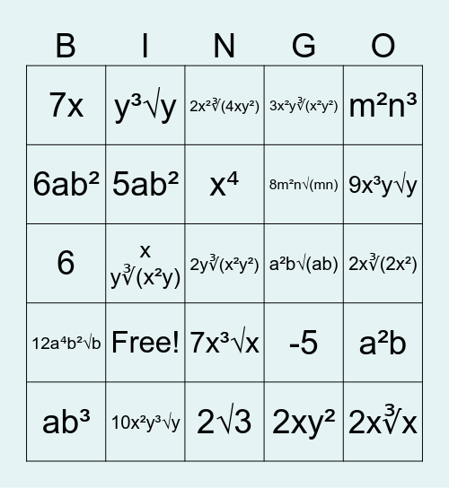 math bingo Card