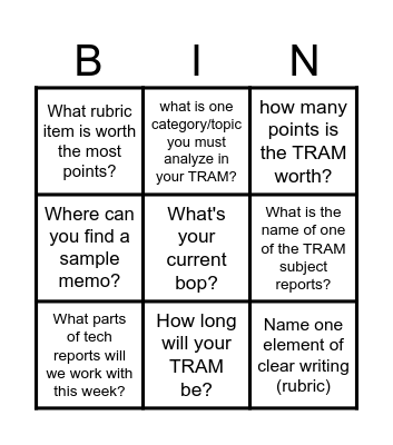 TRAM startup Bingo Card