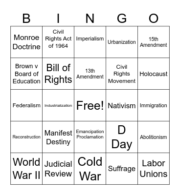 US HISTORY STAAR BINGO Card