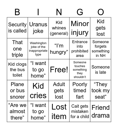 Chaperone Bingo Card