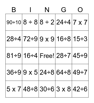 Multiplication & Division Bingo Card