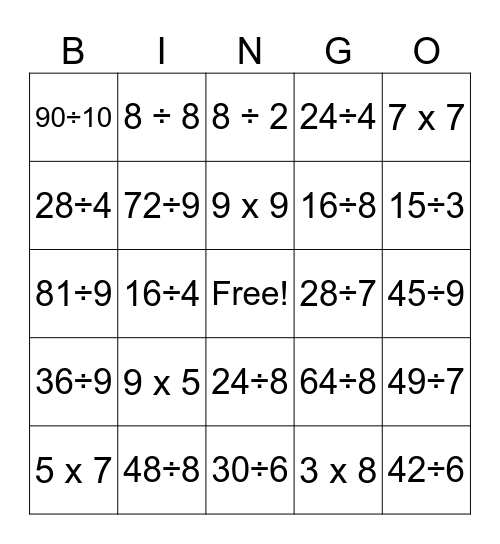 Multiplication & Division Bingo Card