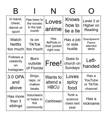 Miami Northwestern Biology Bingo Card