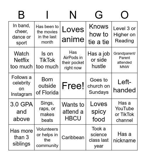 Miami Northwestern Biology Bingo Card