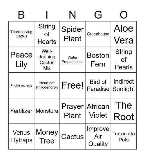 House Plant BINGO Card