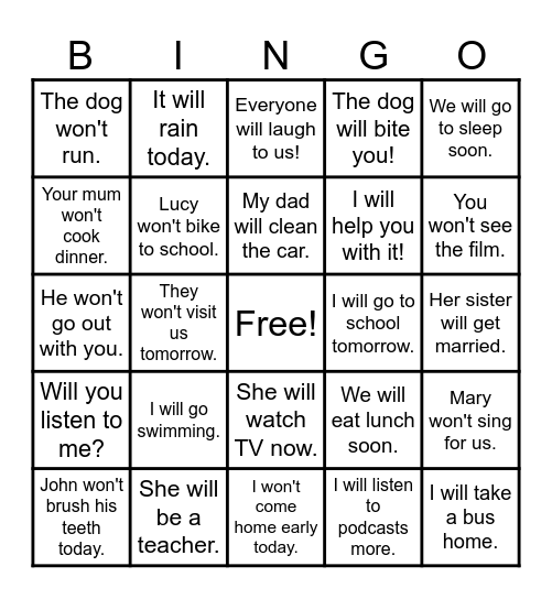 Future tense - will Bingo Card