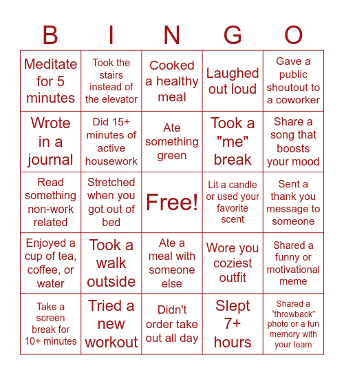 JL Employee Wellness Month BINGO Card