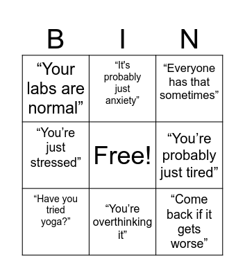 Medical Gaslighting Bingo Card Bingo Card