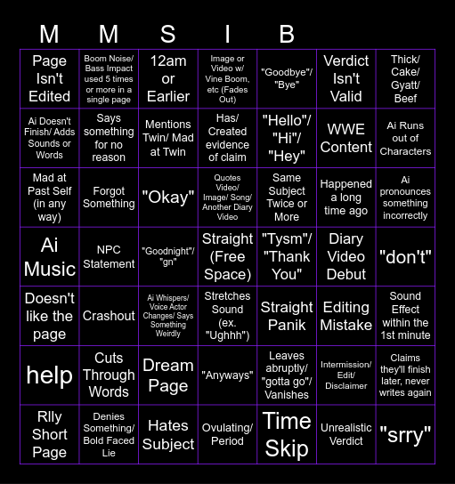 DIARY VIDEO BINGO V2 Bingo Card